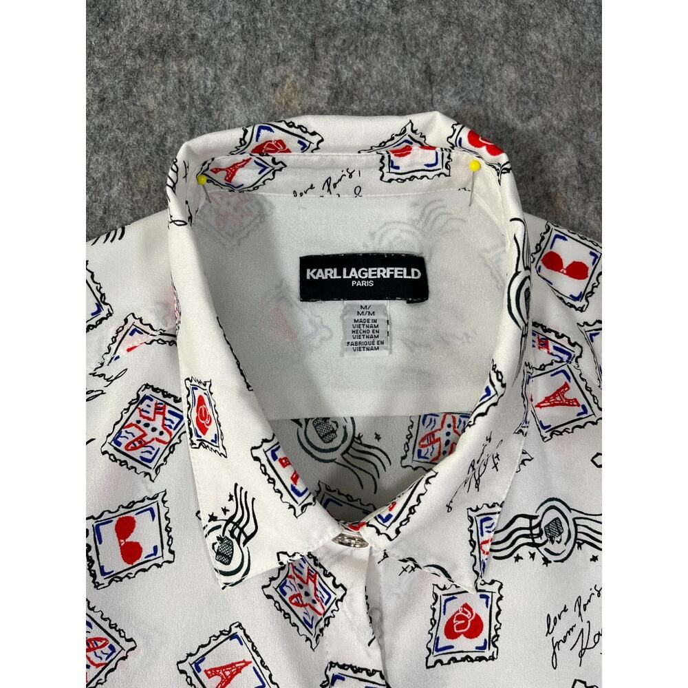 Karl Lagerfeld Paris Blouse / Women US M Medium / Button Up White Paris Stamp - Picture 2 of 11